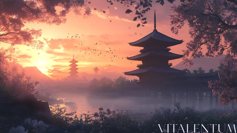Sunset-illuminated Japanese pagoda framed by mist and sakura bloom