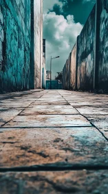 Quiet city alleyway stretching toward a dreamy blue sky.