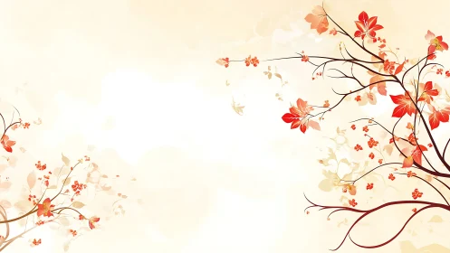 Delicate red blossoms drift across a soft cream sky.