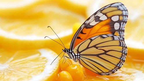 Butterfly wings glow against glossy sliced lemon background.