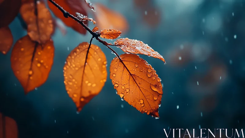 Macro study of rain soaked amber leaves in shallow depth of field.