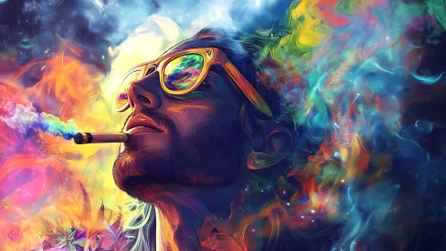 Color-drenched portrait shows smoker adrift in neon cosmos