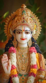 Hindu deity statue shown in frontal view with ornate jewelry