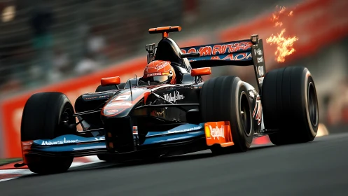 Photorealistic Formula race car with dynamic track motion framing.