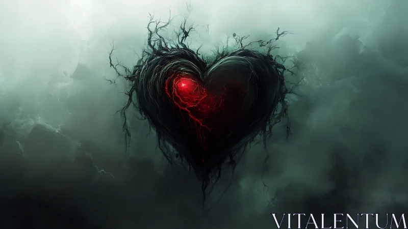 Dark heart with glowing red core suspended in misty atmosphere
