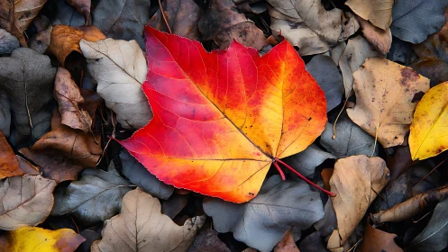 Chromatic leaf contrast on desaturated forest litter field.