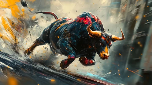 Digital painting depicts a charging bull in dynamic motion