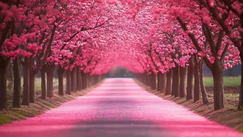 Symmetrical cherry blossom road lined with pink trees.