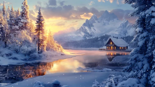 Winter lake chalet at sunrise rendered as luminous digital art