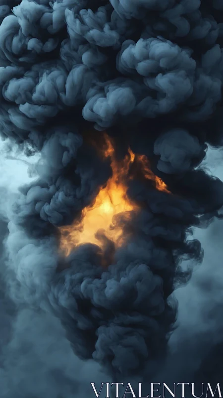 Vertical plume of dark smoke surrounding central fire glow.