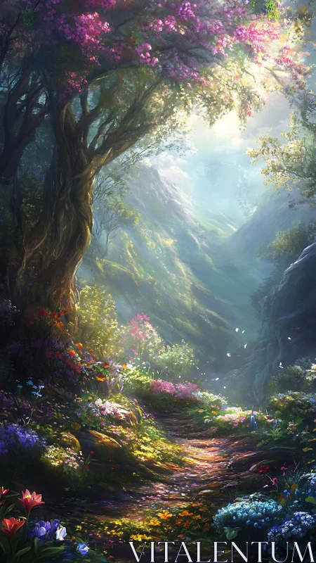 Luminous canyon path beneath blooming magenta archway.