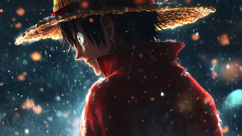 Straw-hatted anime boy in luminous rain-soaked profile scene.