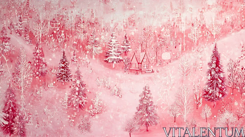 Pink winter forest with small house in soft snowfall scene.