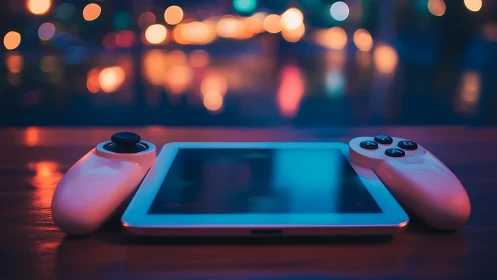 Gaming console and wireless controllers in neon-lit urban environment