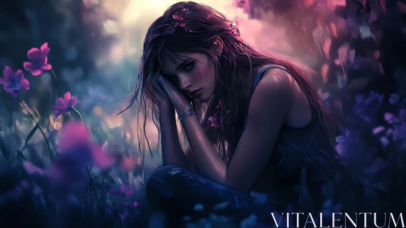Melancholic girl in twilight garden with neon blossoms.