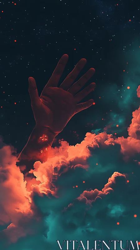 Surreal reaching hand rising through glowing cosmic clouds.