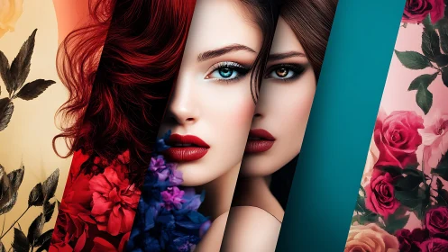 Dual female portraits merge through floral color panels
