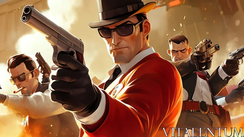 Gangster trio aiming pistols in stylized urban shootout.