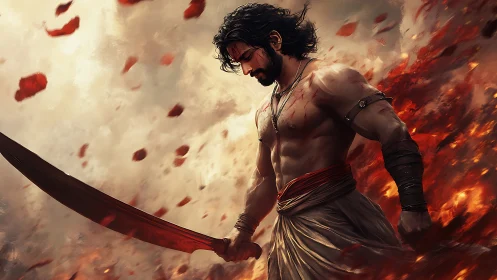 Warrior with curved blade strides through blazing embers