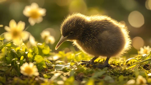 Young kiwi bird standing in soft golden backlight.