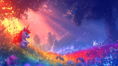 Cartoon unicorn and rabbit in saturated fantasy meadow.