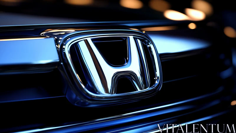 Close view shows chrome car emblem on reflective grille