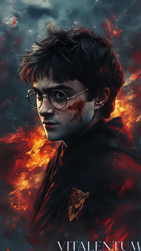 Young robed figure with glasses amid rising orange flames.