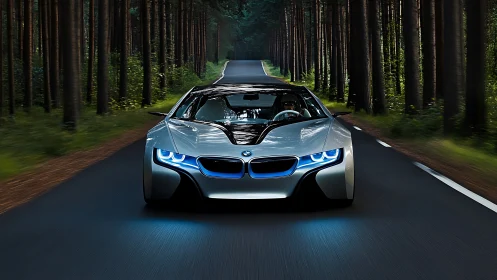 Futuristic silver sports car speeds along forest highway at dusk