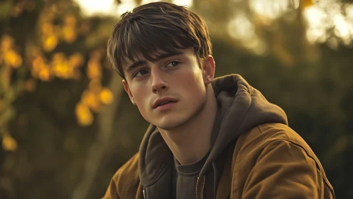Autumn portrait of pensive young man in cinematic soft focus