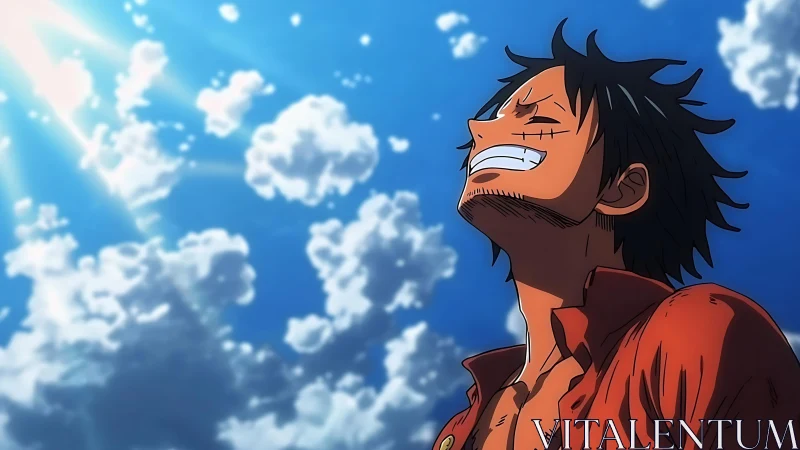 Sunlit anime adventurer soaking in a bright open sky.