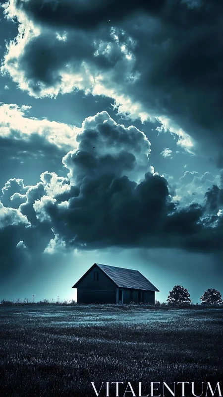 Lonely barn stands beneath dramatic stormlit twilight clouds