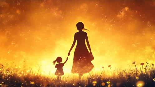Backlit mother–child silhouettes in luminous sunset field.