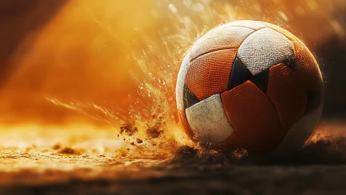 Soccer ball impacts dusty ground under strong backlighting