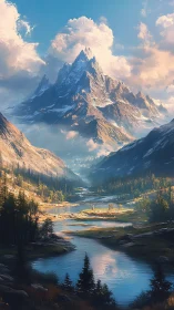 Majestic alpine peak rises above a tranquil winding river.