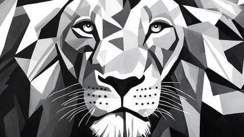 Geometric black and white lion portrait in sharp angles.