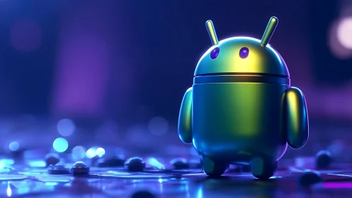 Shiny Android robot stands on neon circuit board surface