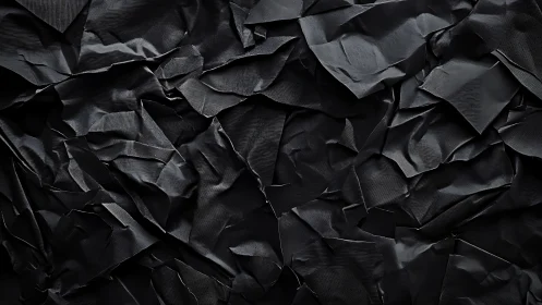 Crumpled black paper texture forms sculptural abstract surface