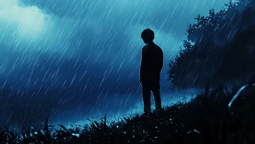 Backlit silhouette of lone figure in heavy blue-tinted rainfall