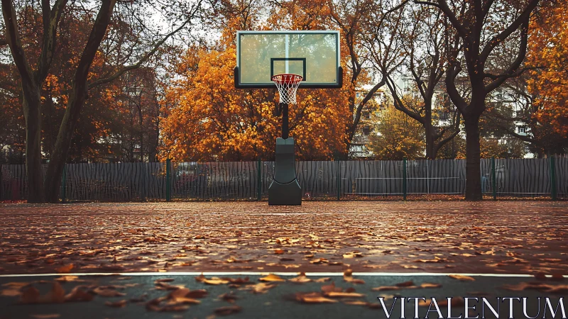 Quiet basketball court wrapped in golden autumn calmness.