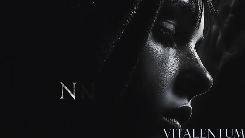 Monochrome digital portrait of hooded, shadowed face profile.