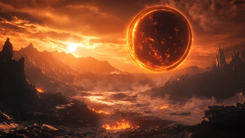 Volcanic exoplanet landscape with levitating molten sphere sun