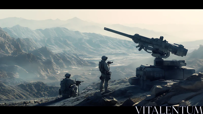 Futuristic soldiers with heavy artillery in rocky valley.
