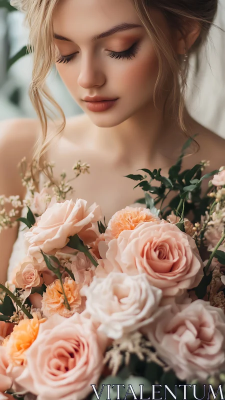 Bride holds lush peach roses under soft natural light.