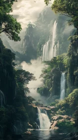 Multi-tiered orographic waterfalls in mist-laden ravine system.