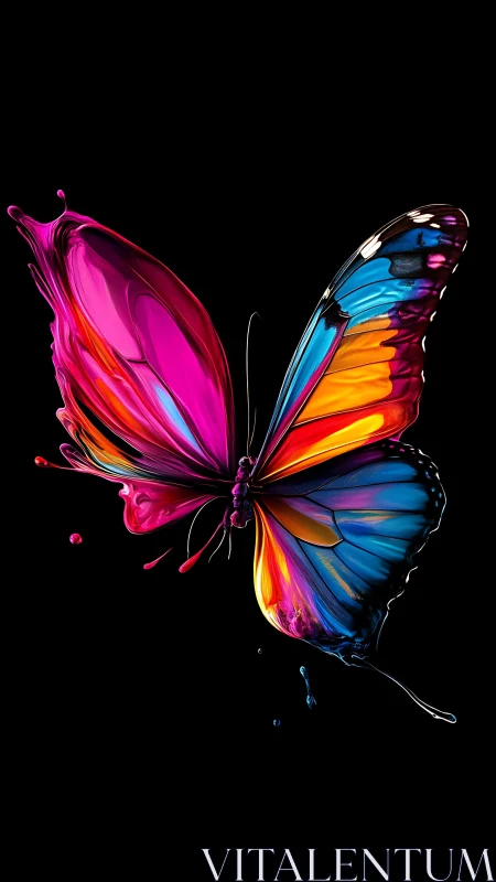 Vibrant paint-splashed butterfly on deep black background.