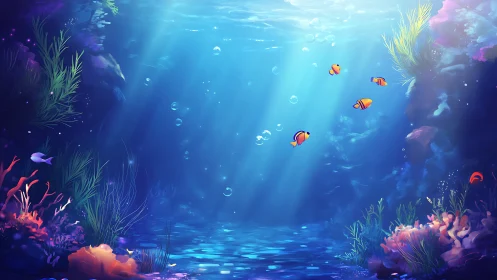 Digital underwater scene depicts coral reef, fish, and light rays