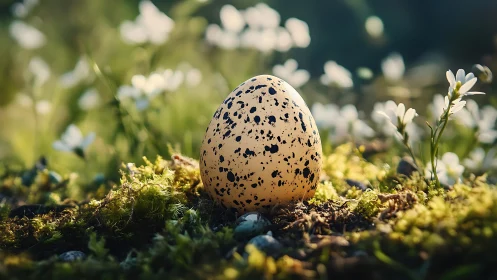 Speckled egg resting in soft moss and gentle spring light.
