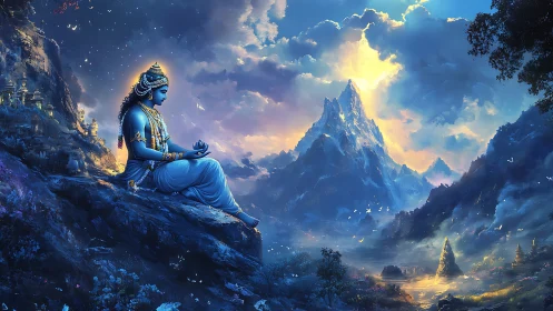 Blue-skinned deity in meditation above glowing mountain valley.