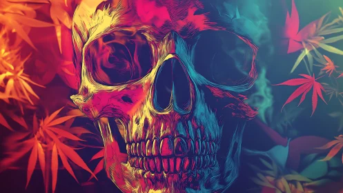 Neon skull wrapped in trippy foliage and glowing colors.