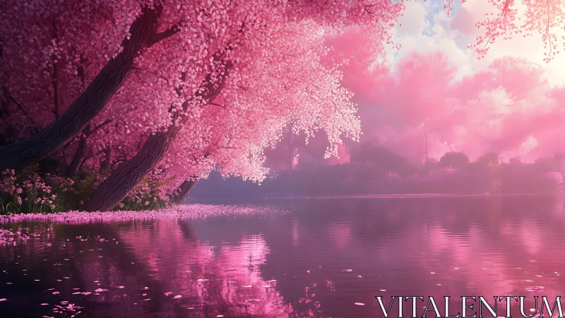 Pink cherry blossom trees leaning over calm reflective lake.